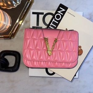 Versace Virtus Quilted Leather Tribute Crossbody Bag in Light Pink & Gold
